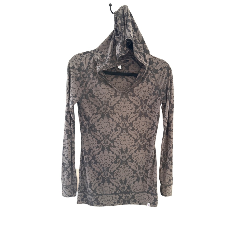 Soybu Womens Grey Damask Floral V-Neck Long Sleeve Hoodie Activewear Small Yoga